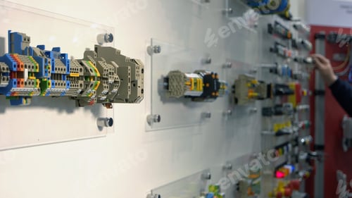 Preview: Electrical control panels on the white wall in the shop.