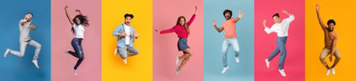 Preview: Multiethnic young people wearing casual clothes having fun on colorful studio backgrounds