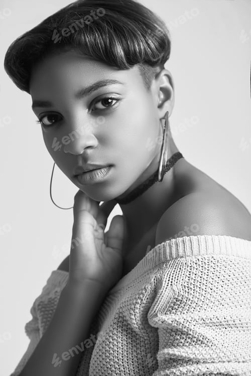 Preview: Close-Up Sensual Portrait Of Young Beautiful Hipster Black Girl With Short Hair Isolated On White