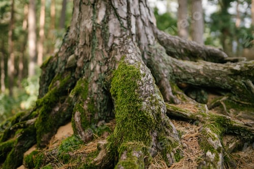 Preview: ?ree roots in forest covered with overgrown green moss, creeping over the rock. Forest bright colors