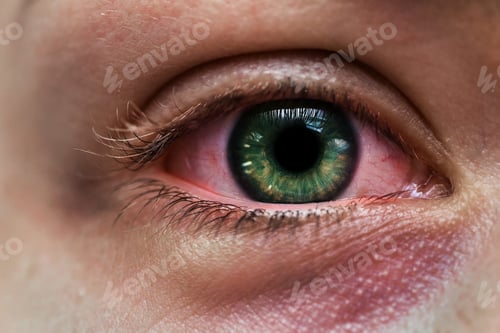 Preview: Infected female eye with a green iris and subconjunctival hemorrhage