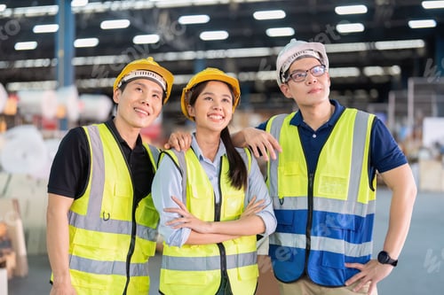 Preview: Staff in large storage warehouse together portrait after work completed hand on shoulder smiling