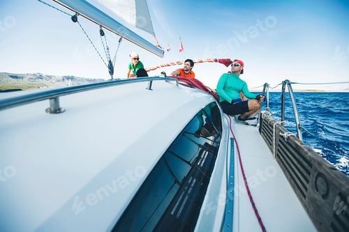 Preview: Men and woman yachting near coast, Croatia