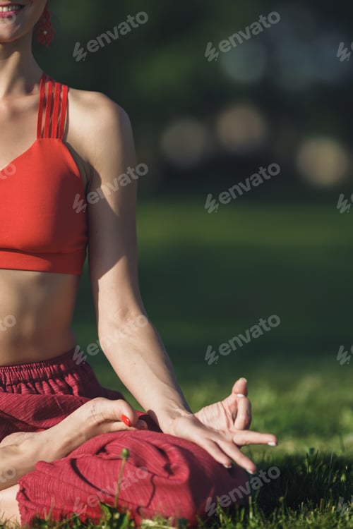 Preview: Young woman practicing yoga outdoors. Female meditate outdoor in the summer city park. Hands coseup