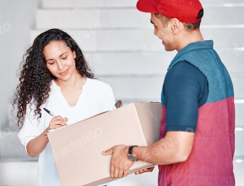 Preview: Ecommerce, man and woman with delivery signature on box for customer package, purchase and product.