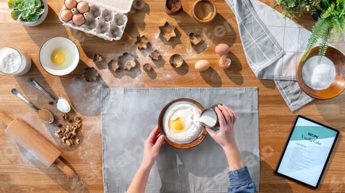 Preview: Top view of unrecognizable woman baking biscuits, desktop concept