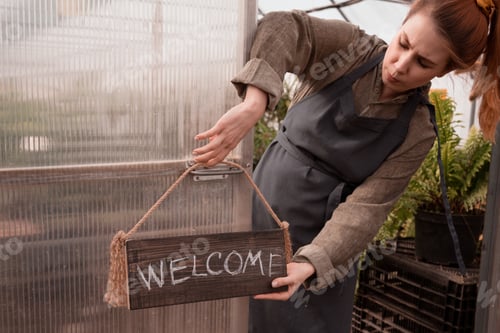Preview: Small business owner with sign Welcome in garden store
