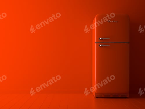 Preview: Interior with orange fridge 3D illustration