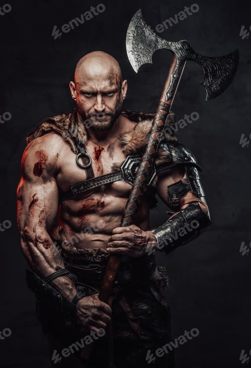 Preview: Muscular and grimy viking with hairless head and huge axe