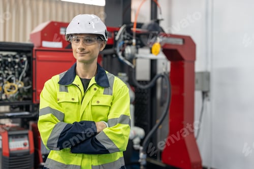 Preview: Portrait of male automation engineer standing and arms crossed at factory industrial