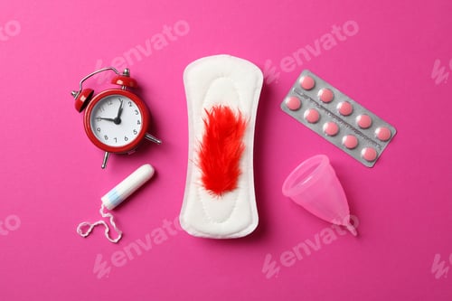 Preview: Menstruation period concept on pink background, top view