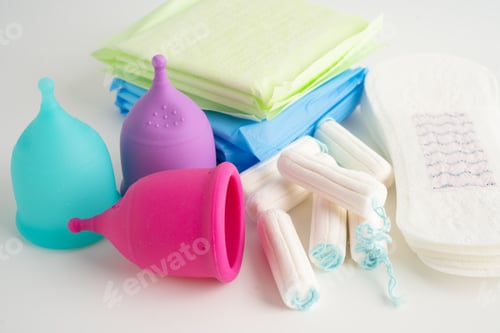 Preview: Menstruation cycle with sanitary pad, cotton tampon and menstrual cup for woman hygiene