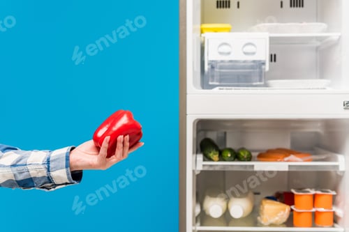 Preview: cropped view of woman holding bell pepper near open fridge and freezer with fresh food on shelves