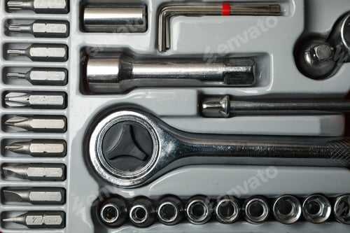 Preview: Mechanic tools kit on whole background, close up