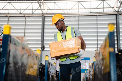 Preview: Warehouse worker logistic team working in packed goods warehouse for industry business of delivery