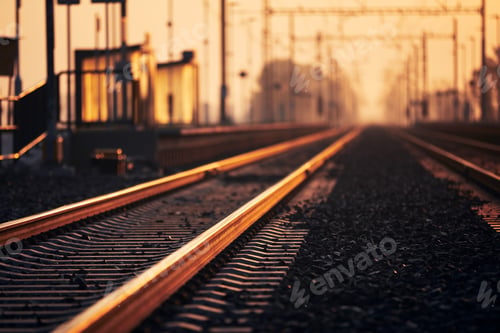 Preview: Railway at golden sunrise. Selective focus railroad track in train station.