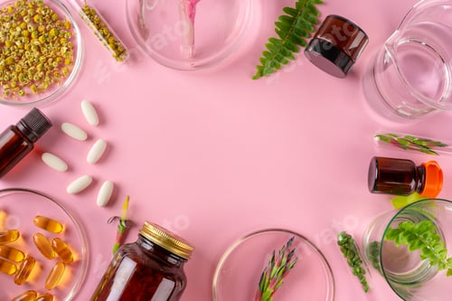 Preview: Herbs and Herbal dietary supplements top view on pink background