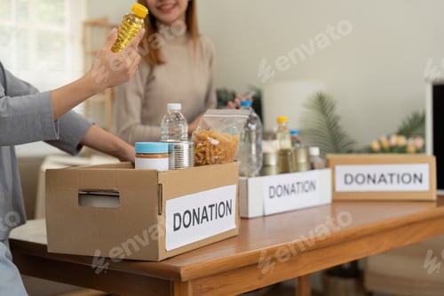 Preview: Volunteer Organizing Donation Boxes with Food and Supplies for Charity in a Community Center