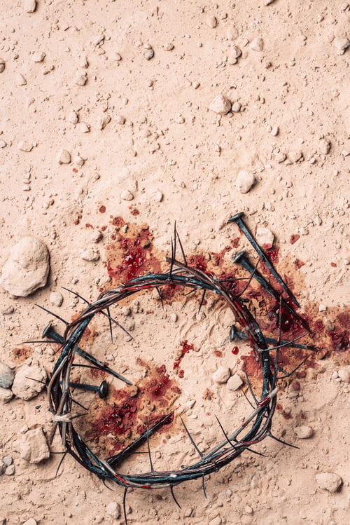 Preview: Good Friday, Passion of Jesus Christ. Crown of thorns and bloody nails on ground. Christian Easter