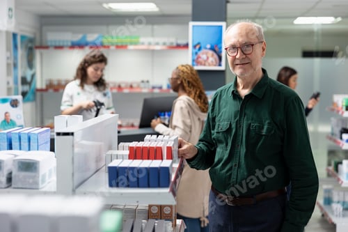 Preview: Portrait of old person customer checking pills boxes on drugstore shelves