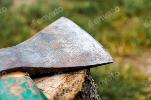 Preview: Close-up of an old, weathered hatchet embedded in a tree stump, with a blurred green background high