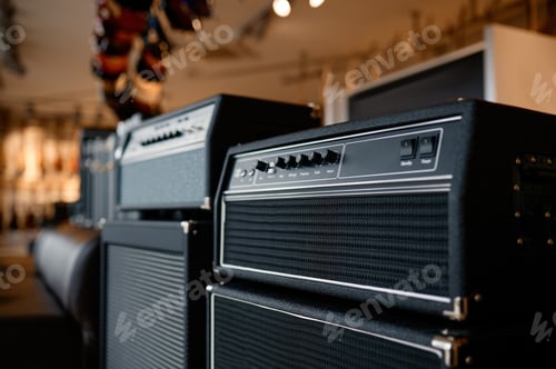 Preview: Audio sound amplifier equipment assortment at music shop showcase