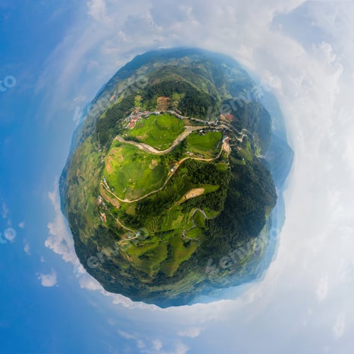 Preview: Paddy rice terraces, green agricultural fields in countryside of mountain hills valley, Vietnam.