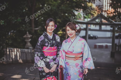 Preview: Two japanese girls wearing kimonos traditional clothes, lifestyle moments