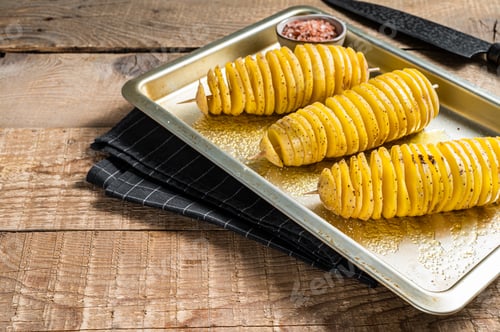 Preview: Uncooked raw Tornado or Twist potato fries. Wooden background. Top view. Copy space