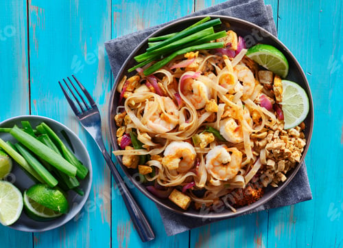 Preview: shrimp pad thai on plate in flat lay composition with copy space atop of colorful wooden table