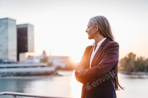 Preview: Confident businesswoman outdoors at sunset