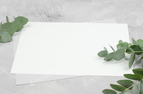 Preview: White blank sheet of paper and eucalyptus. Blank for a greeting card or invitation.