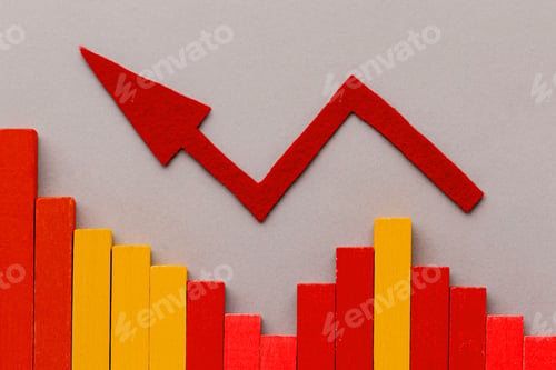 Preview: Paper cut-out of a red arrow pointing upwards, over a graph