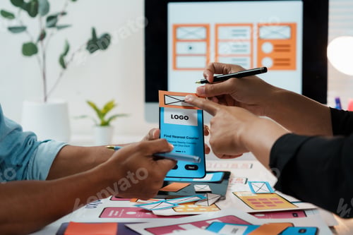 Preview: Designers discussing mobile app interface design during meeting