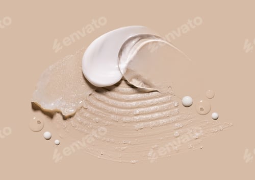 Preview: creamy texture of cosmetic samples on a pastel beige background