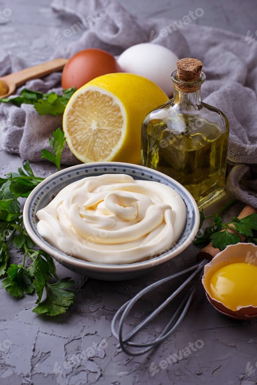 Preview: Homemade mayonnaise sauce and olive oil, eggs, mustard, lemon