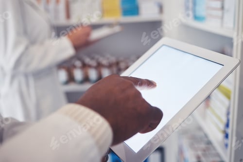 Preview: Typing, pharmacy and hands with a tablet for a search, check of stock or medicine update online. Cl