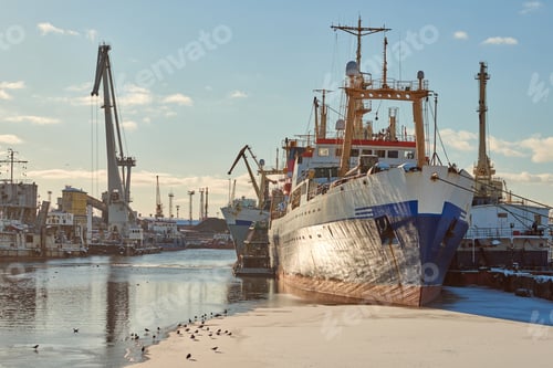 Preview: Moored ships and harbor cranes in port