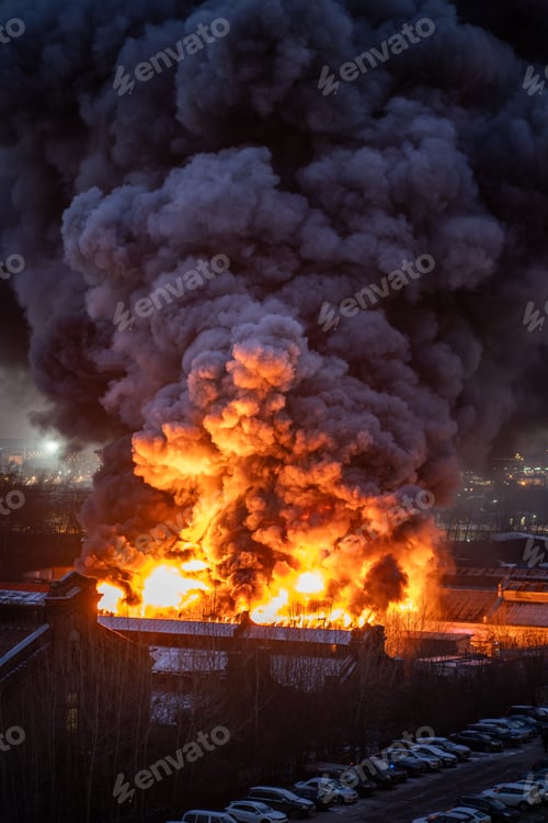 Preview: Orange smoke from flames or fires of warehouses and industrial building at night. Defective wiring.