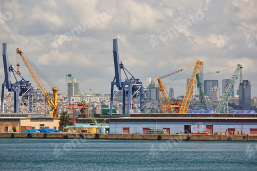 Preview: Cranes at comercial seaport. Bosphorus strait in Istanbul. Transportation Turkey