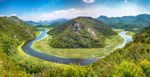 Preview: Fantastic view of the Crnojevic river bend around green mountain peaks on a sunny day