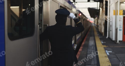 Vista previa: Train, platform and conductor at station for travel, commute and journey on railway transportation.