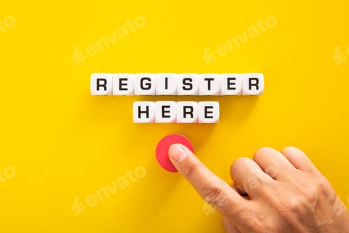 Preview: Hand pushing button with Register Here word on yellow background