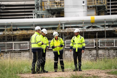 Preview: Group of engineer workers checking project at refinery oil factory