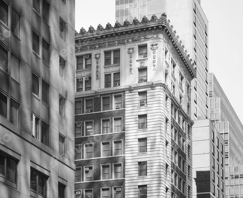 Preview: Black and white photo of Manhattan diverse architecture, New York City, USA.