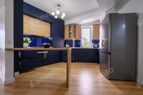 Preview: Luxury large blue and wood colored kitchen