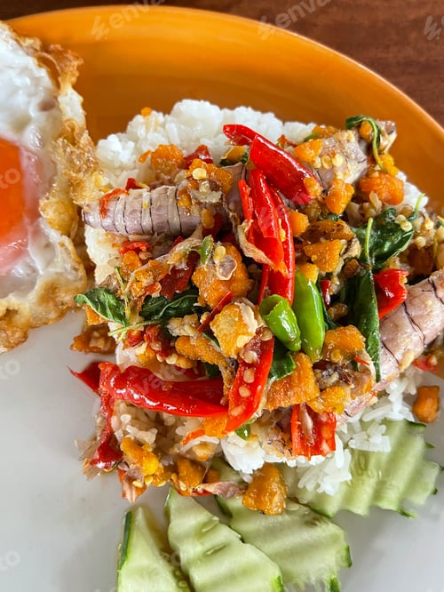 Preview: Rice topped with stir-fried pork and basil, Rice topped with stir fried minced pork and basil with F