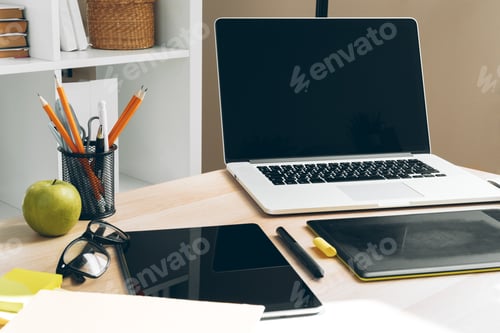 Preview: Stylish office table desk. Workspace with laptop.