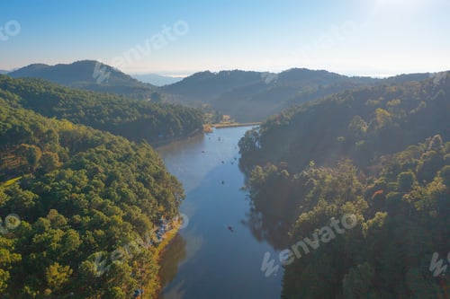 Preview: River lake with forest trees in Pang Ung reservoir, Mae Hong Son, Thailand. Tourist attraction