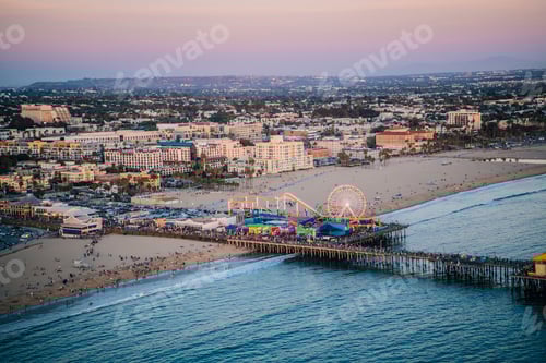 Preview: Pier and beach with amusement park, high angle, Santa Monica, California, USA